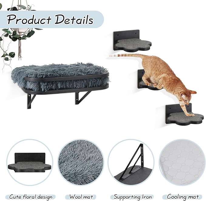 Cat Hammock Cat Wall Furniture with Cooling Mat and Plush Cushion and 3 Wall Steps, Wall Mounted Cat Shelves and Perches, Cat Climbing Shelf Cat Scratching Post for Sleeping, Playing, Gift for Cat