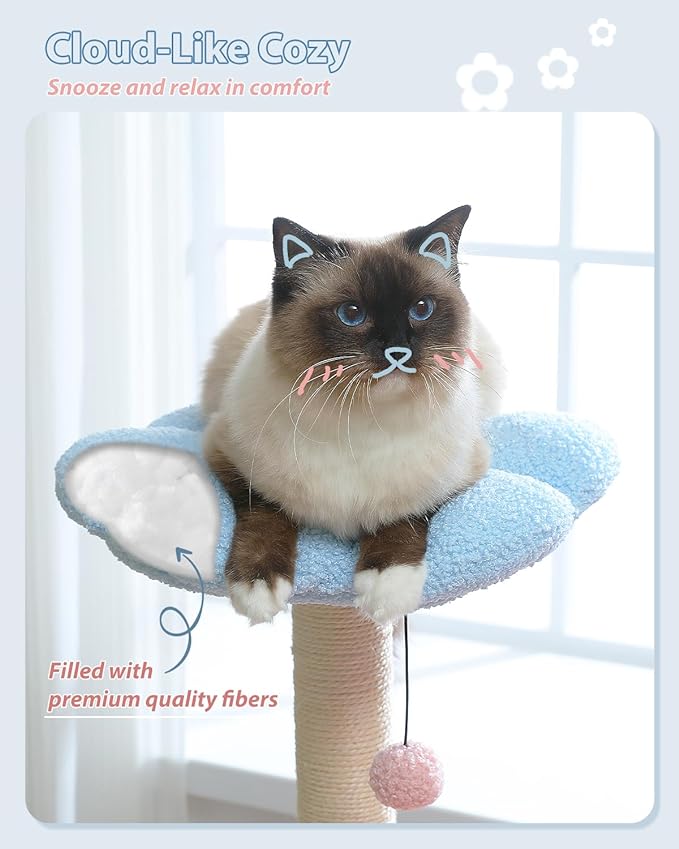 Flower Cat Tree with Large Metal Frame Hammock, 35" Pink Cat Tower with Sisal Scratching Posts for Small Indoor Cats, Cat Condo with Blue Top Perch for Kittens, Fluffy Ball, Pink