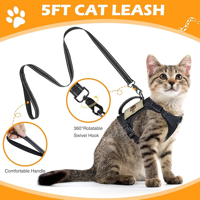 Tactical Cat Harness and Leash Set for Walking Escape Proof, Adjustable Large Cat Vest Harness with Molle Patches, Soft Mesh Padding, Rubber Handle Easy to Control Black