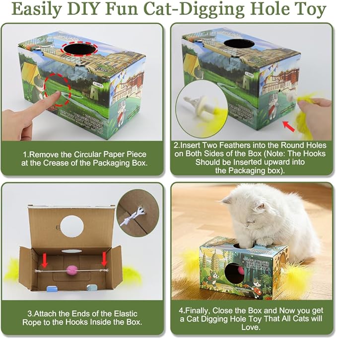 Abnaok 2-in-1 Cat Toy, Cat Interactive Toys for Indoor Cats Kitten Tumbler Balls Kitty Feather Toy, Cat-Digging Hole Toy Suitable as a Birthday Gift