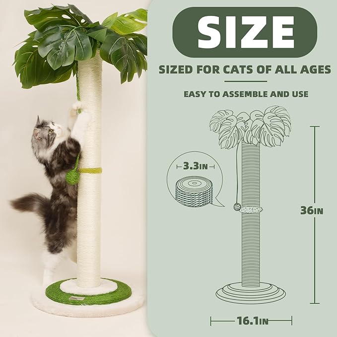 MEOWOOU Cat Scratching Post for Indoor Cats and Kitten, 35” Tall Monstera cat Scratching Post with sisal Hanging Interactive Ball, Suitable for Large Adult cat, Kitten, and All Type of Cats