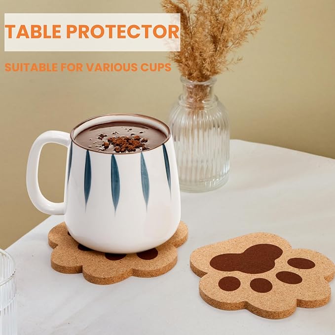 12 Pack Cork Coasters for Drinks, 4.7" Absorbent Cup Mat Set, Heat Resistant Kitchen Coasters, Reusable Cat Paw Shape Table Protection Trivet for Glasses Mugs, Room Decor, Housewarming Gifts