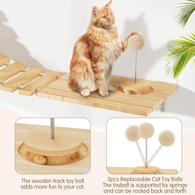 Cat Wall Hammock, Wall Mounted Cat Bridge with Track Toy Ball & 3 Hanging Ball, Pet Ladder Wide 10"" Long 29"" for Climb, Perch, Activity, Easy Install Wooden Cat Steps Hammock Tree Shelf