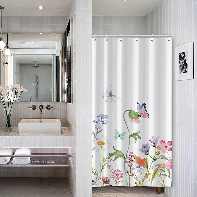AWERT Small Half Size Stall Shower Curtain with 6 Hooks 36 inch Shower Stall Curtain 36 x 72 Butterfly Wildflowers for Bathroom/RV and Camper (Butterfly)