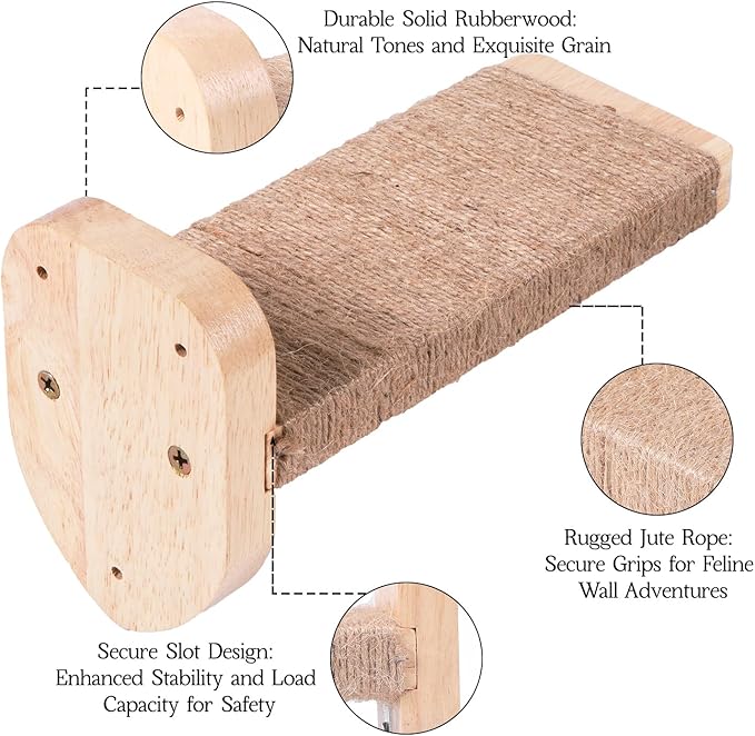 3pcs Cat Wall Steps, Cat Climbing Wall Mounted Cat Furniture, Cat Wall Shelves Cat Steps for Wall with Hemp Rope Covered, Solid Wood Cat Ladder for Cats Playing and Climbing (Large-Wood)