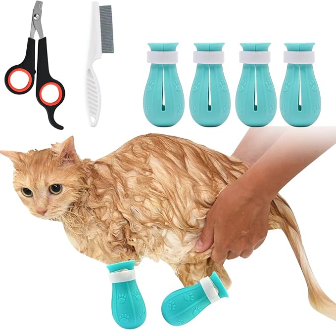 6Pcs Adjustable Silicone Cat Scratch Proof Boots with Pet Nail Clipper and Comb for Bathing and Grooming Feet Cover Cat Foot Cover for Home Pet Dog Ferret Rabbit Guinea Pig (Blue)