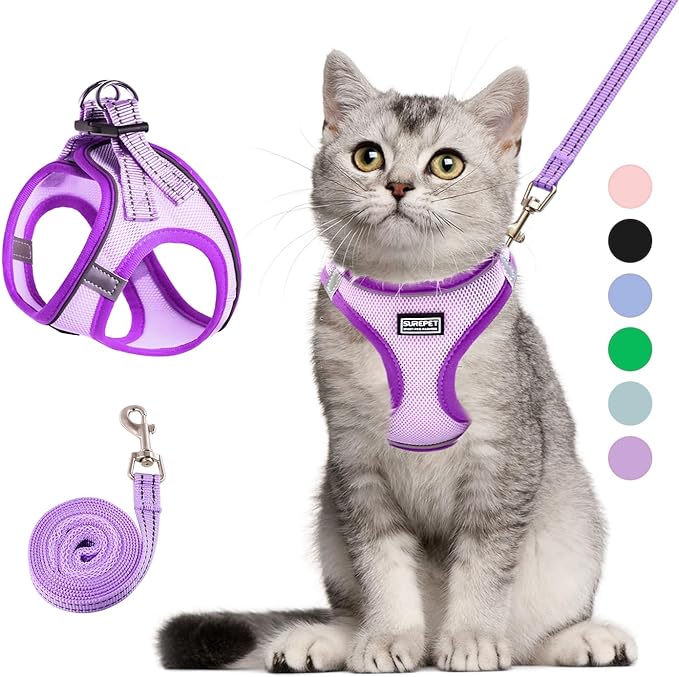 Cat Harness and Leash Set, Soft and Breathable Vest with Reflective Strip, Escape Proof Kitten Harness, Easy to Wear for Cats Walking and Traveling (Purple, XS)