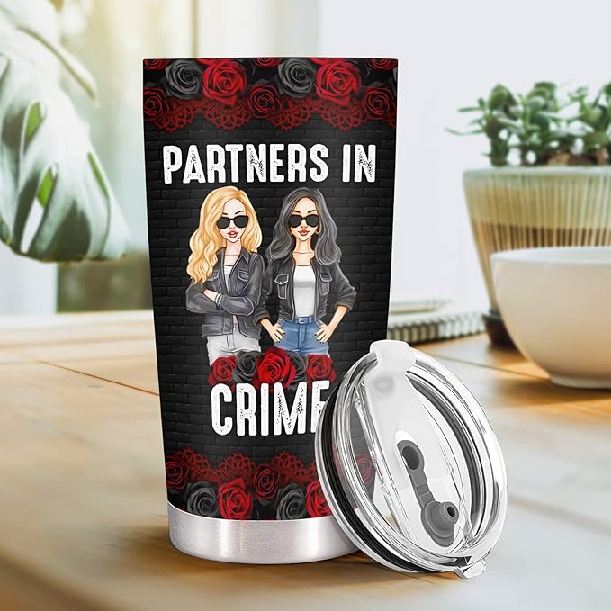 34HD Partners in Crime Tumbler with Lid, 20oz Stainless Steel Bestie Drinking Cup, BFF Coffee Mug, Best Friends Gifts for Birthday Christmas, Funny Friends Gift Ideas for Women