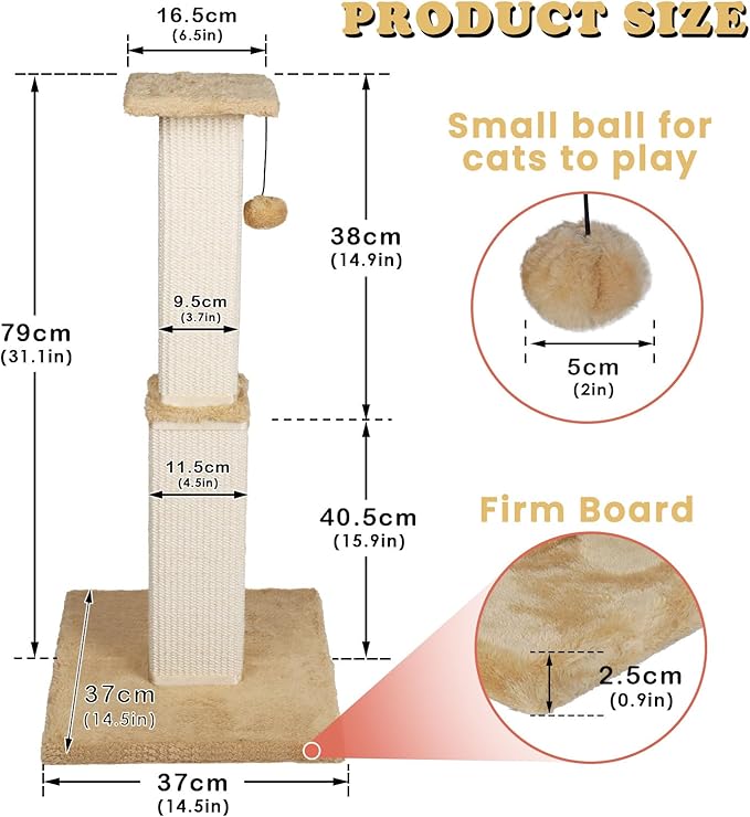 Scratching Posts for Indoor Cats Adults & Kitten,31.1" H Cat Scratching Post,Tall Sisal Cat Scratching Post with Hanging Ball,Beige