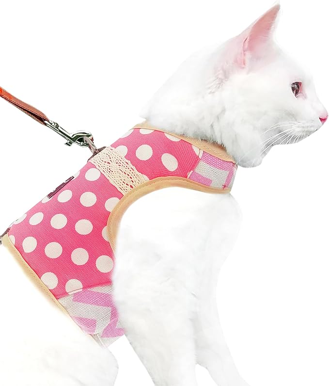 Cat Harness and Leash for Walking Escape Proof, Adjustable Cat Vest Harness, Padded Stylish Cat Walking Jackets, Polka Dot Pink, Extra Large