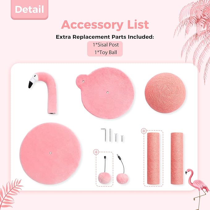 PETEPELA Cat Scratching Post, Pink Cat Scratcher Tree, Flamingos Natural Sisal Cat Scratch Post with Interactive Toy Ball and Extra Replacement Sisal Scratching Pole for Kittens and Small Cats,Pink
