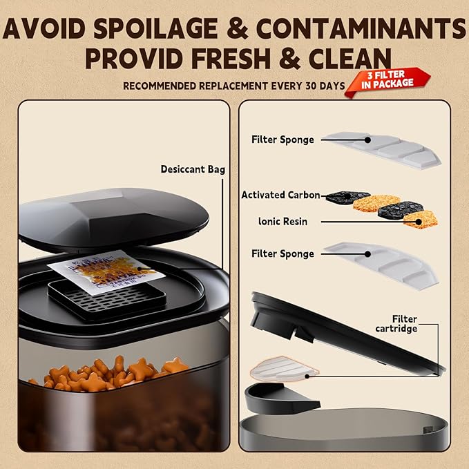 Automatic Cat Feeder & Fountain, 3L Timed Dry Food Dispenser, 10 Portions 1-4 Daily Meals, Auto Feeder with Desiccant Bag, Water Dispenser with Filter, Wire or Battery Powered