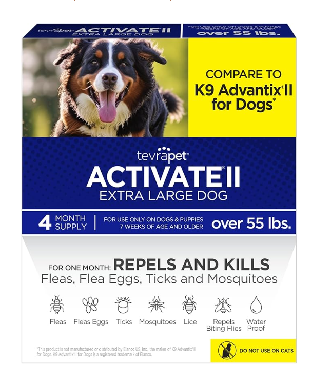TevraPet Activate II Flea and Tick Prevention for Dogs | 4 Count | Extra Large Dogs 55+ lbs | Topical Drops | 4 Months Flea Treatment