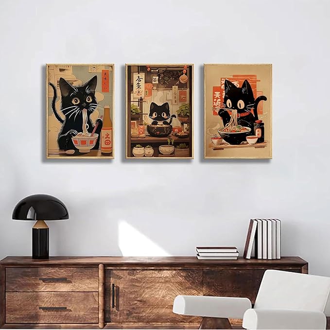 3pcs Funny Japanese Black Cat Canvas Wall Art Vintage Animal Posters Prints Edo Period Ramen Cat Pictures Japan Quirky Cat Painting Kitchen Dining Wall Decor Animal Lover Gift 16x24in Unframed