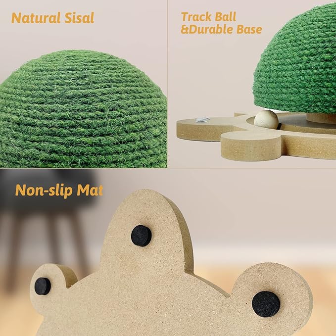 Fhiny Cats Scratching Ball, Natural Sisal Scratching Toy with Roller Track Toys and Wooden Base Kitten Turtle Shape Scratch Post for Indoor Cats Interactive Training Exercise Scratcher for Small Pets