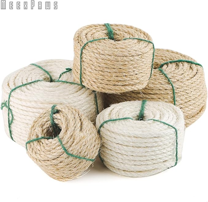 MEEXPAWS Natural Strong Sisal Rope Replacement for Cat Scratching Posts | Adhesive Tapes for Winding Easy & Tight | 1/4 “ Diameter | Brown | 164FT