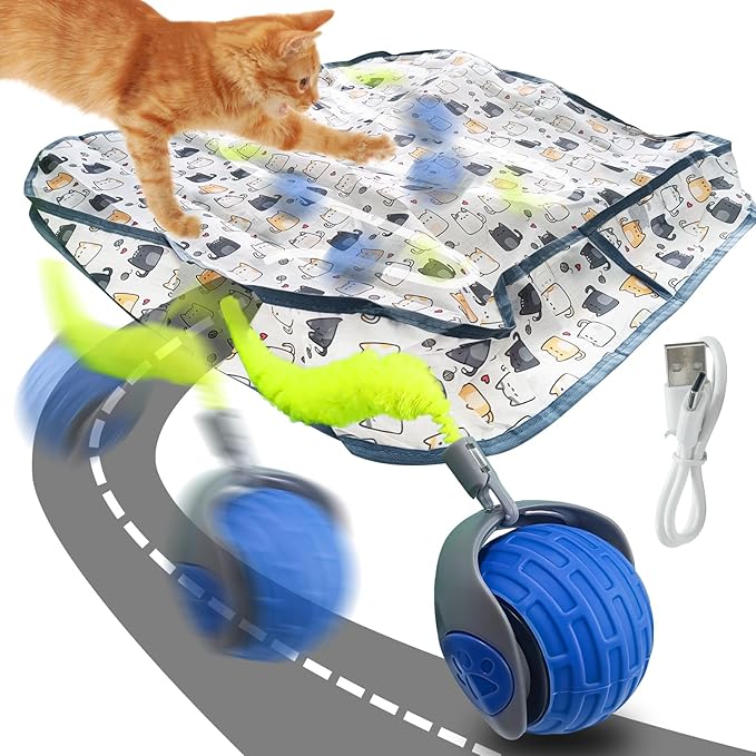 Aerbee Interactive Cat Toys for Indoor Cats, Electric Cat Ball Fast Rolling in Pouch, Motion Activate Chirping Cat Toy Hide and Seek Mouse Catching Game, 28 Inch Play Mat