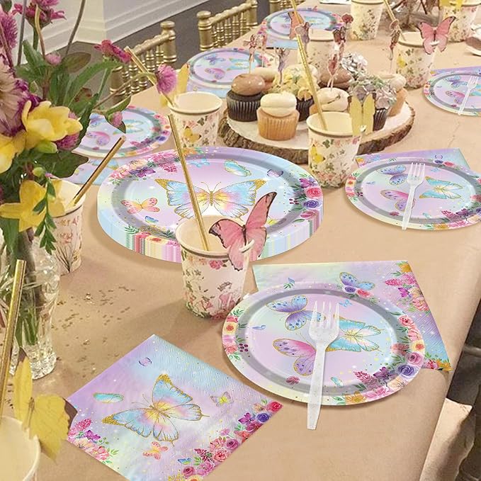 96PCS Butterfly Party Decorations Flower Fairy Birthday Tableware Flower Paper Plates Butterfly Plates Napkins Dinnerware for Baby Shower Party Supplies, Serves 24