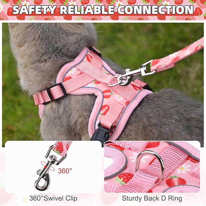 KOOLTAIL Cat Harness and Leash Set, Escape Proof for Safe Walking & Travel, Reflective Comfortable Easy Control Adjustable Kitten Harness for Boys&Girls Small Medium Large Cats Strawberry M