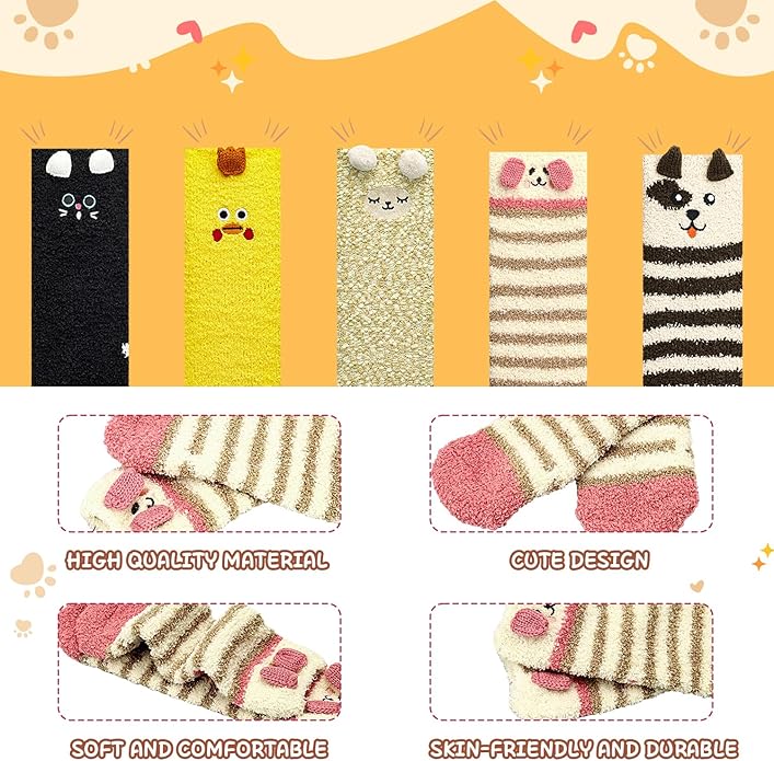 3-6 Pairs Womens Fuzzy Socks Cozy Fluffy Slipper Socks Cute Soft Cat Animal Winter Warm Sleep Socks Gifts