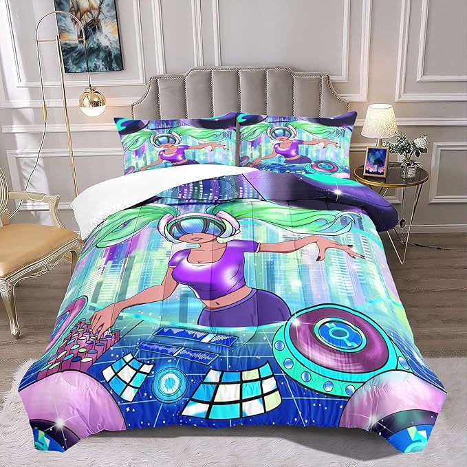 African American Comforter Sets for Girls, Full Size Comforter Set for Girls with Cool DJ Girl Pattern Soft Microfiber 3 Piece Quilt Set Green Pretty Girl Bedding Comforter Set with 2 Pillowcases