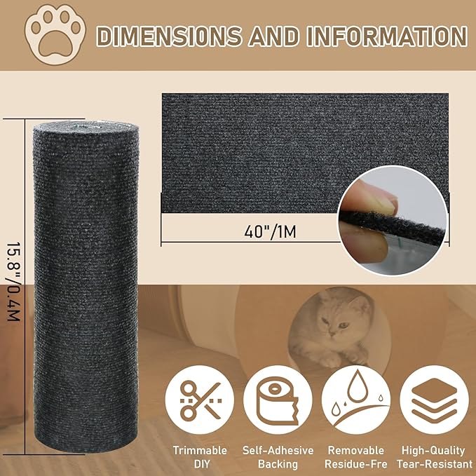 Cat Scratching Climbing Carpet Mat, Self-Adhesive Trimmable Anti Cat Scratcher Couch Furniture Protector from Cat Claws, Cat Post Covered Pad Replacement for DIY Cat Tree (Dark Gray, 15.8" x 40")