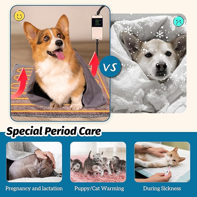 PatiencET Heated Cat Bed, 18'' x 18'' Temperature Adjustable Cat Dog Heating Pad with Timer Indoor, Pet Heating Pad for Cats Dogs, Cat Warming Pad Bed with Metals Chew Resistant Cord