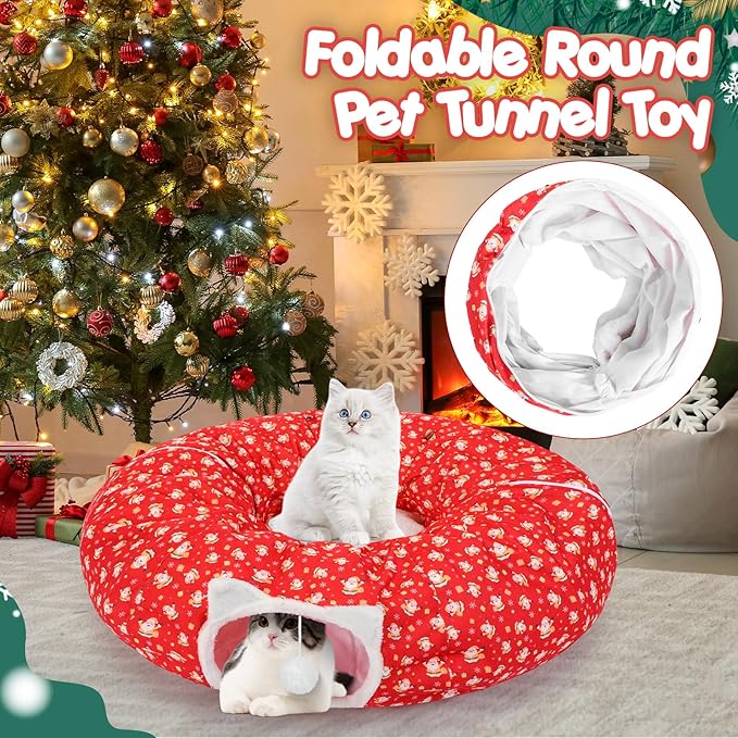 2.62ft x 2.62ft x 10.24in Christmas Cat Tunnel Bed Under Christmas Tree for Indoor Cat, Xmas Red Cute Cat Donut Tunnel with Washable Circle Cushion, Foldable Round Pet Tunnel Toy for Kitten