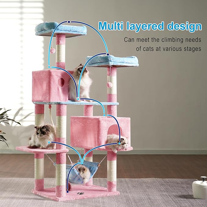 Hey-brother Large Multi-Level Cat Tree Condo Furniture with Sisal-Covered Scratching Posts, 2 Bigger Plush Condos, Perch Hammock for Kittens, Cats and Pets, Blue and Pink MPJ020BP