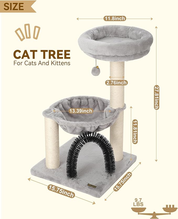HOOPET Cat Tree Tower for Indoor Cats, 27.8 Inches Multi-Level Cat Tree with Scratching Posts Plush Basket & Perch for Play Rest, Cat Activity Tree with Dangling Ball for Kittens/Small Cats