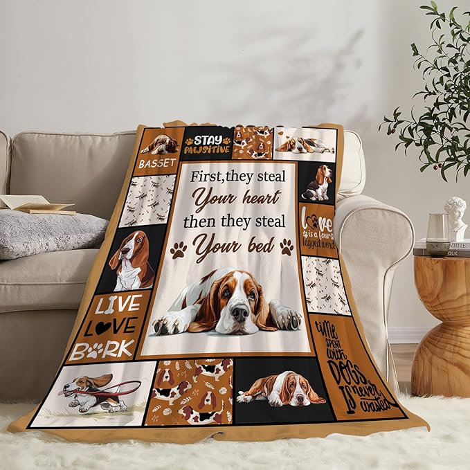 Basset Hound Blanket Ultra Soft Cozy Cute Dog Throw Blanket Fleece Fuzzy Plush Bedding Blanket Basset Hound Lovers Gifts for Women Girls Adults Couch Sofa 80"x60"