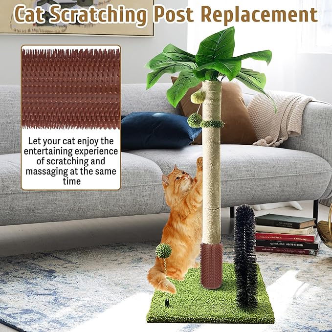 Cat Scratching Post Replacement Pole Refill 16in M8 Cats Tower Replacement Parts with Self Groomer Massager Spare Jute Kitty Tree Refurbishment Accessories for Indoor Kittens (Khaki)