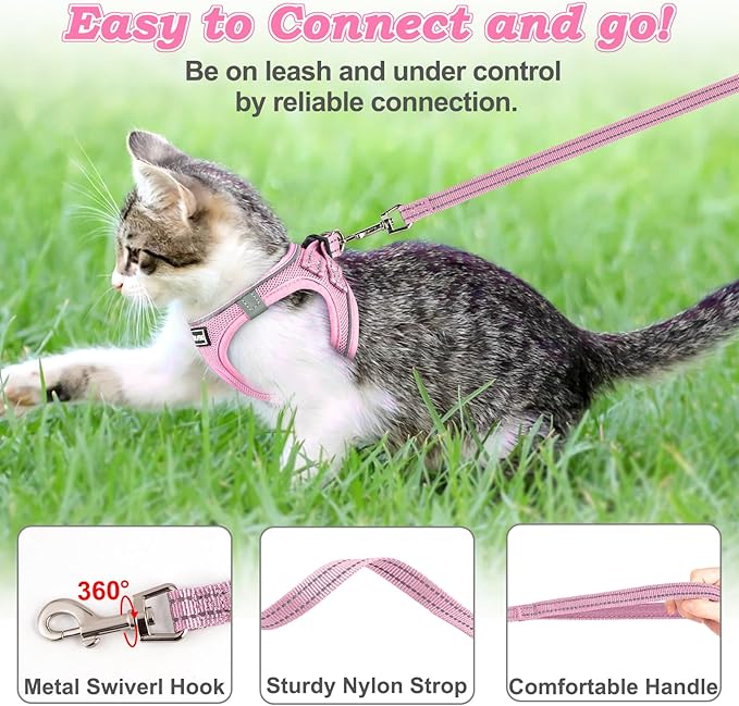 Cat Harness and Leash for Walking Escape Proof, Adjustable Kitten Vest Harness Reflective Soft Mesh Puppy Harness for Outdoor, Comfort Fit, Easy to Control (NPink, S)
