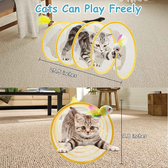 2 Packs Cats Tunnel Toys, Folded Cats Tunnels for Indoor Cats Tubes Played Tunnel Spring, Collapsible Pet Bed, Interactive Toy with Toys Feather Mouse for Kitten Yellow, Blue