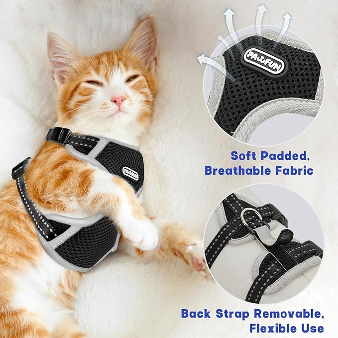 Cat Harness for Walking, Escape Proof Cat Harness and Leash Set with Reflective Strip, Adjustable Cat Leash Breathable Soft Vest for Small to Large Cats, BlackGrey, M