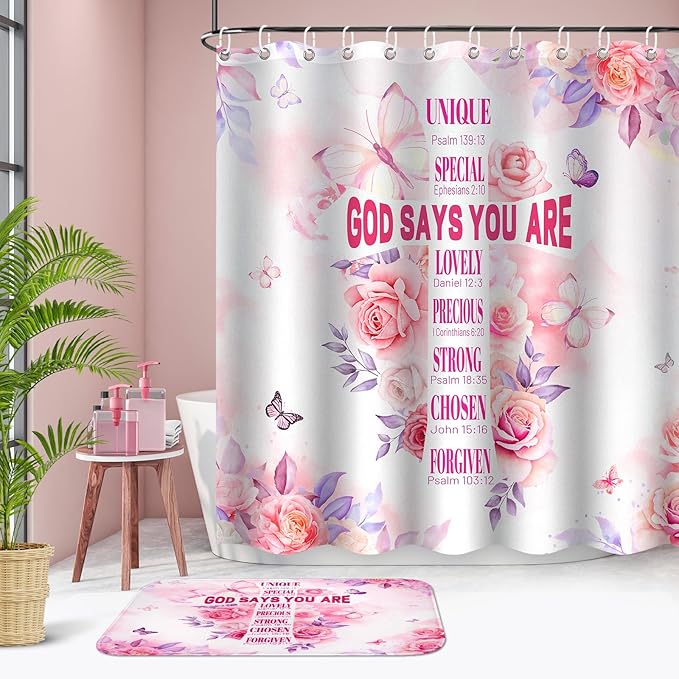 4 Pcs Pink Butterfly Inspirational Quotes Shower Curtain Set with Rugs and Toilet Lid Cover, Waterproof Fabric Bathroom Set for Women Girls, Bible Verse Floral Bathroom Decor with 12 Hooks