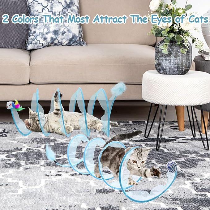 2 Packs Folded Cats Tunnel, Kitten Tunnel for Indoor Cats Collapsible Large Tubes Played Tunnel Spring Cute Foldable Pet Tunnel Bed Interactive Toy with Toys Feather Mouse Hemp Ball Blue