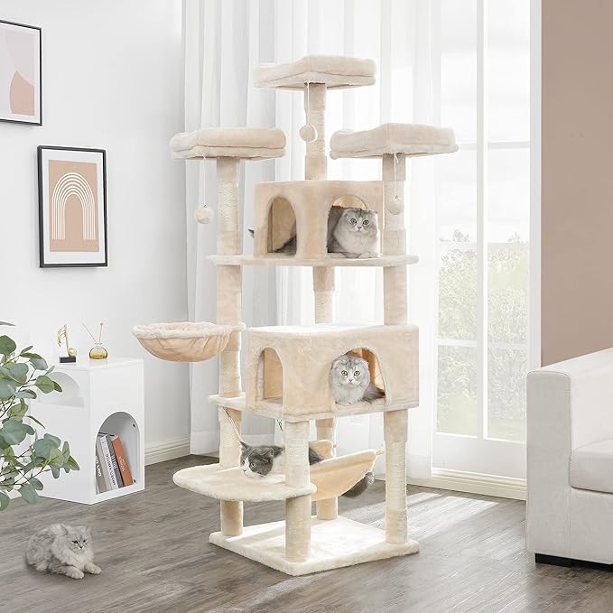 BEWISHOME Cat Tree 66.3 Inch Multi-Level Large Cat Tower with Plush Top Perches, Sisal Scratching Post Cat Play House Kitty Activity Center MMJ14M
