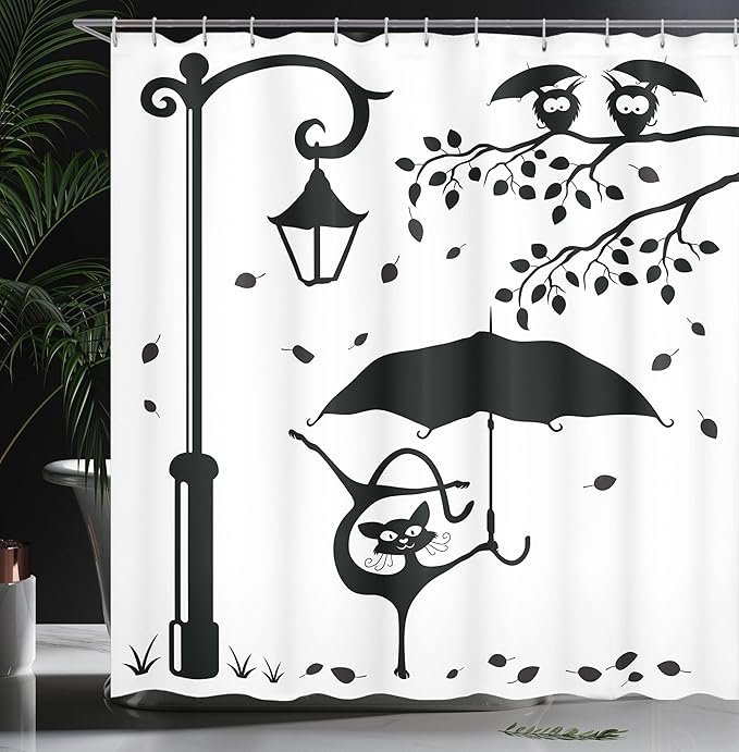 Ambesonne Cat Shower Curtain, Funny Kitty with Umbrella Dancing Under Street Lamp in Town Urban Humorous Print, Cloth Fabric Bathroom Decor Set with Hooks, 69" W x 84" L, White and Black