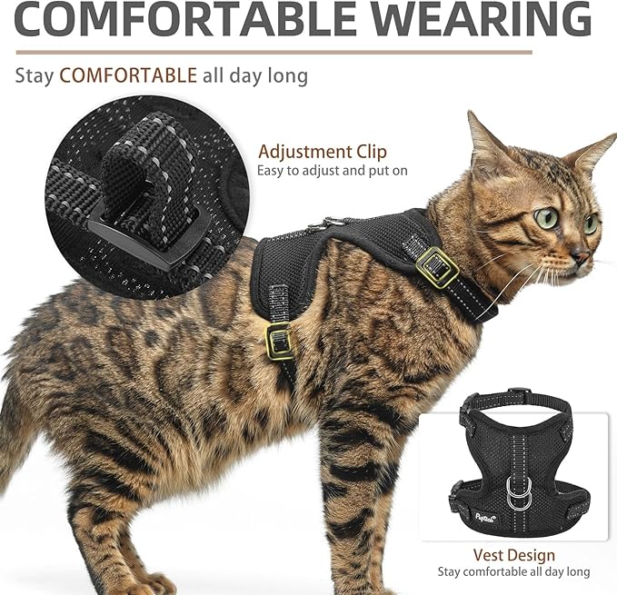 PUPTECK Cat Harness and Leash Set Escape Proof, Reflective Adjustable Soft Mesh Kitten Vest Harness for Walking Travel, Black, S