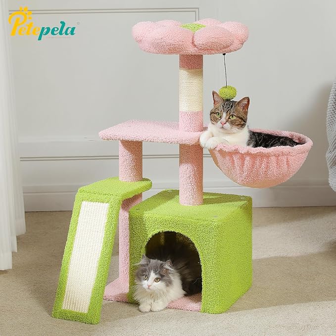 PETEPELA Flower Cat Tree for Indoor Cats, 32'' Small Cat Tower Cat Condo with Sisal Scratching Ramp, Cozy Hammock and Removable Flower Bed Perch for Kittens, Pink