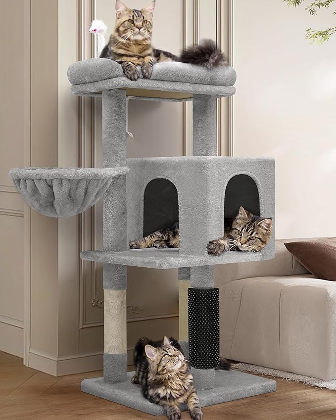 F46B Cat Tower for Indoor Cats | 46-Inch Sturdy Cat Condo for Multiple Adult Cats with Multiple Large Platforms, Hammock, and Anti-Tip Kit | Premium Quality Materials, Light Grey