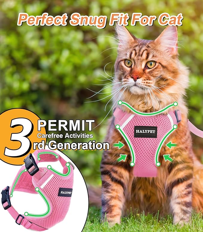 Halypet Cat Harness and Leash Set [ MAX Safety Third Generation ] Escape Proof Soft Adjustable Cat Leash Breathable Comfortable Vest Easy to Wear Kitten Harness for Outdoor Walking Pink Small
