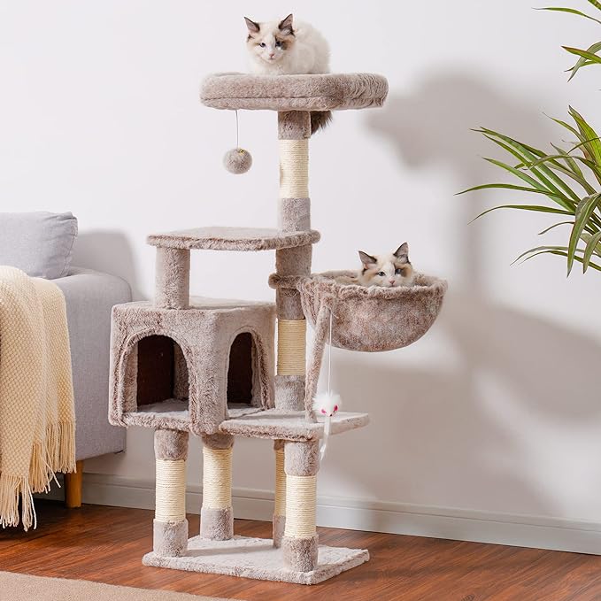 Heybly Cat Tree with Toy, Cat Tower condo for Indoor Cats, Cat House with Padded Plush Perch, Cozy Hammock and Sisal Scratching Posts, Muchroom HCT004SMU