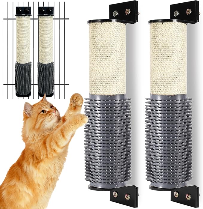 Cat Scratching Post Wall Mounted 2 Pack Cage Mount Cat Scratcher 2-in-1 Natural Sisal Kitty Scratch Posts with Self Groomer Massager for Scratch and Climbing 15.7x2.7in (White)
