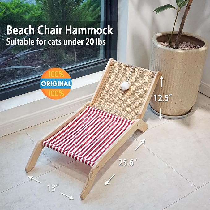 PETKARAY Beach Chair Cat Hammock, Elevated Cat Beds for Indoor Cats, Original Cozy Cat Lounger with Sisal Scratcher and Toy Ball