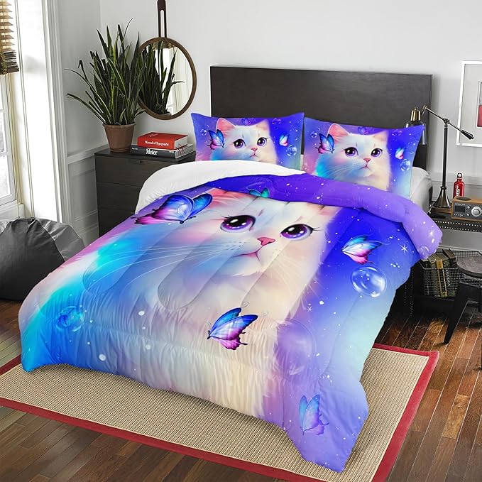 Ailonen Kids Cat Comforter Set - Twin Size, Cute White Cat Bedding Set for Girls and Boys, Purple Tint Duvet Set, 3 Pieces - 1 Quilt and 2 Pillowcases