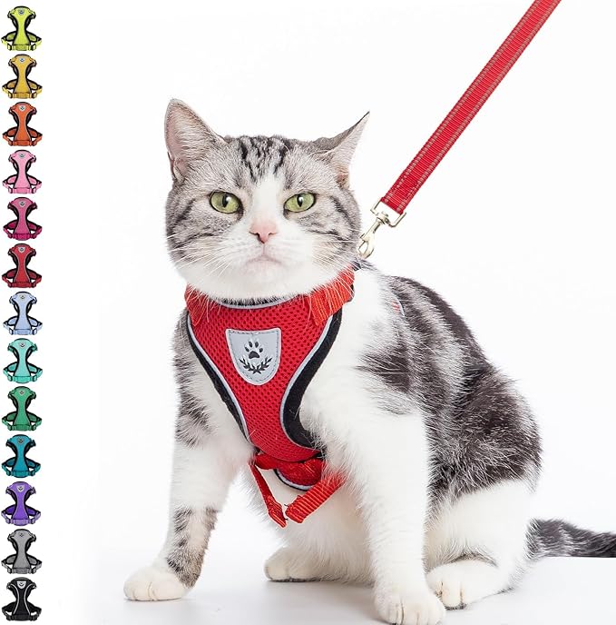 PUPTECK Cat Harness and Leash Set Escape Proof Reflective Cat Walking Harness Adjustable Soft Breathable Mesh Vest for Small Pets, Red, M