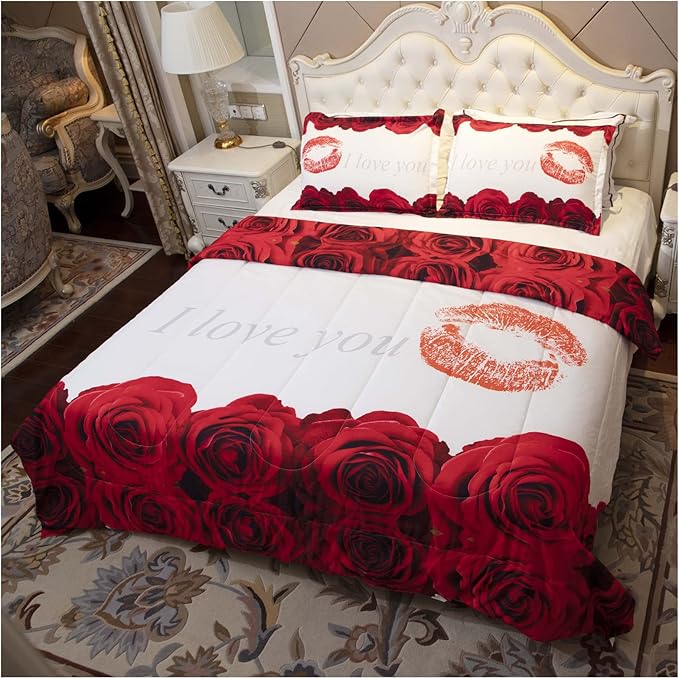 3D Comforter Set King - Red and White Rose Print Comforter Set King Size Floral Room Decor Bedding Set Aldult Quilt with 2 Pillowcases for All Seasons