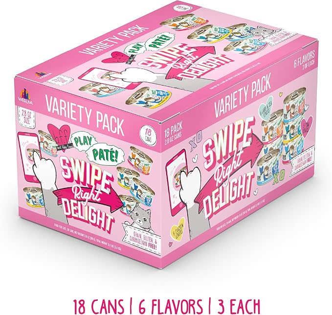 B.F.F. Play - Best Feline Friend Paté Lovers, Aw Yeah!, Swipe Right Delight Grain-Free Natural Wet Cat Food Variety Pack, 2.8oz Can (Pack of 18)